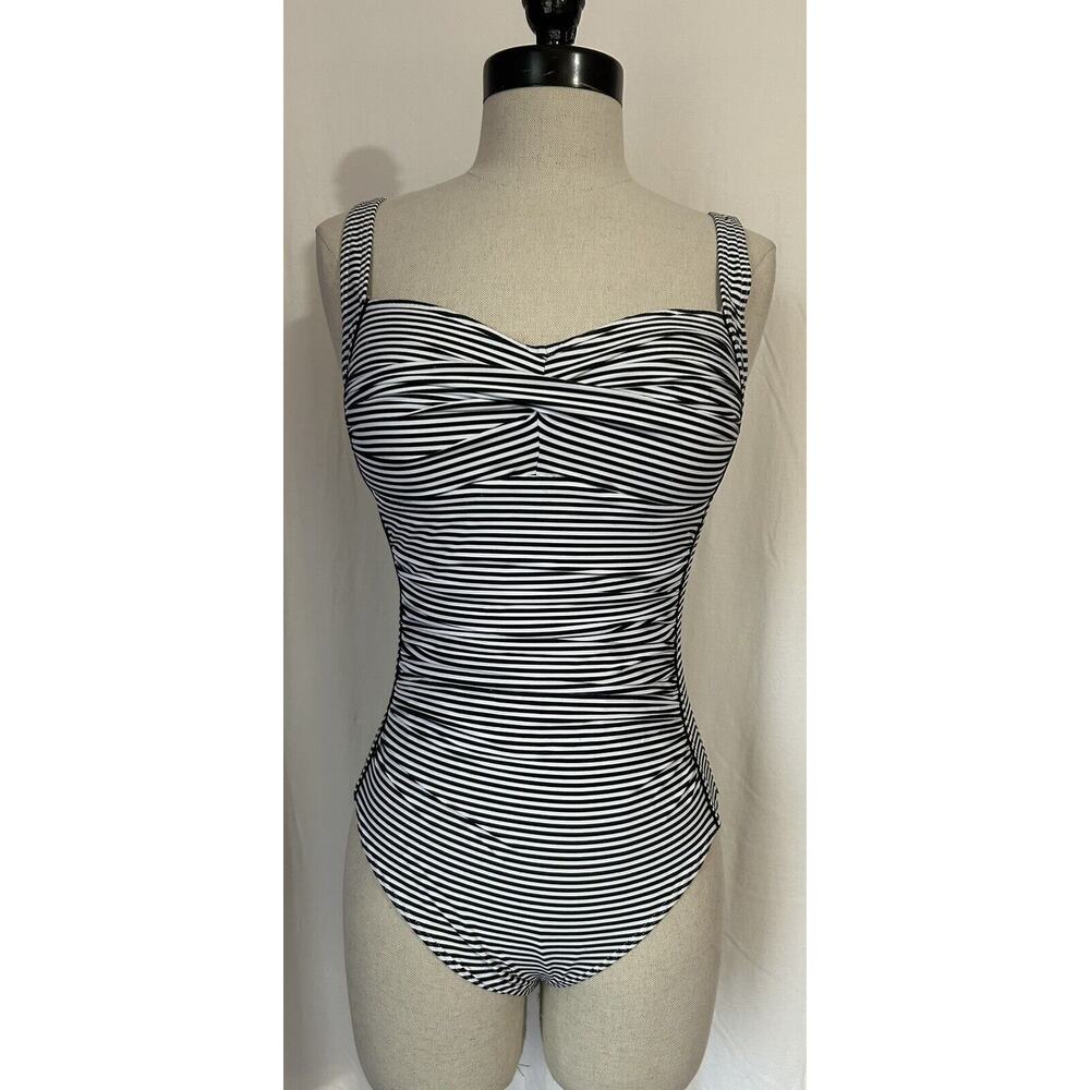 NIPTUCK Swimsuit One Piece Black Striped Nautical Nylon Spandex Lined Womens 6